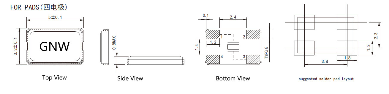 无源贴片SMD5032晶振16.9344MHz封装尺寸及电气参数介绍